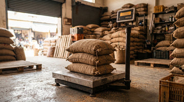 Stainless steel 100 kg platform weighing machine with grain sacks and pole display in a godown