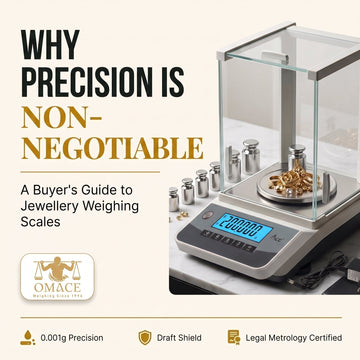 Featured image for jewellery weighing scale buyer's guide showing a precision scale with gold and draft shield - Omace
