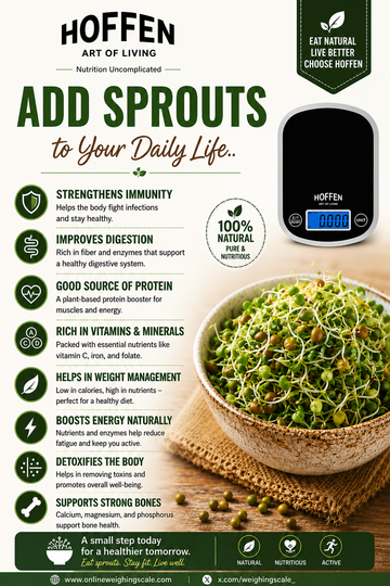 Add sprouts to daily life health benefits infographic with Hoffen kitchen scale