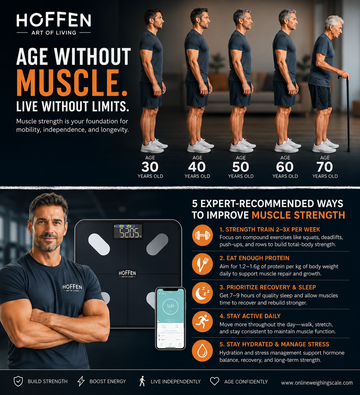 Age without muscle live without limits infographic with Hoffen BMI scale