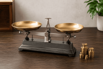Two-pan mechanical balance scale with brass pans and calibration weights on a countertop.