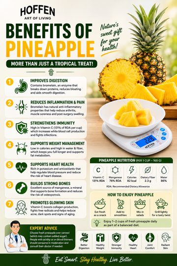 Pineapple health benefits infographic with Hoffen kitchen scale