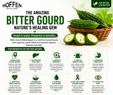 Bitter gourd health benefits infographic - blood sugar, immunity, digestion and heart health - Hoffen