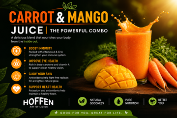 Carrot and mango juice health benefits infographic - immunity, eyes and heart - Hoffen