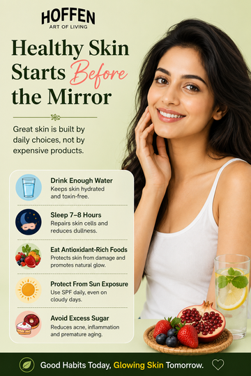 Healthy skin daily habits infographic - hydration, sleep and sun protection - Hoffen