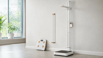 Stadiometer, wall-mounted height ruler, and digital body composition analyzer arranged for a height measurement guide.