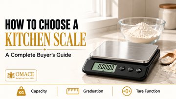 Featured image for kitchen scale buyer's guide showing a digital kitchen scale with flour and bowl