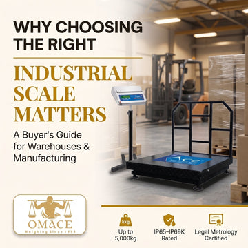 Featured image for industrial weighing scale buyer's guide showing platform scale in warehouse - Omace