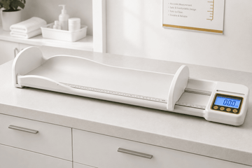 Digital infantometer with curved platform and LCD display for measuring baby length.