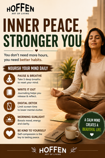 Inner peace daily mind habits infographic - breathing, journaling and self-compassion - Hoffen