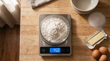 Digital kitchen weighing scale with stainless steel platform weighing flour in a glass bowl