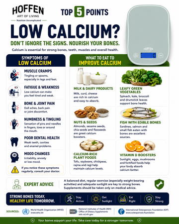 Low calcium warning signs and foods infographic with Hoffen kitchen scale