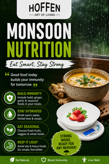 Monsoon nutrition tips infographic with Hoffen kitchen scale