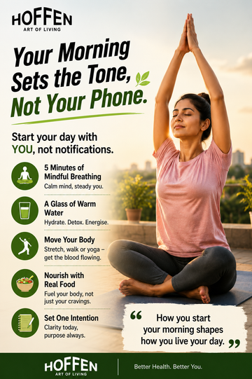 Morning routine habits infographic - mindful breathing, hydration and movement - Hoffen