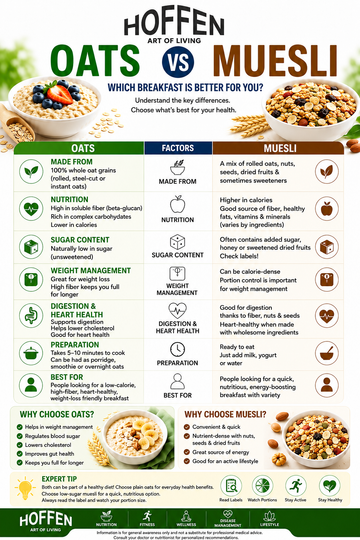 Oats vs muesli comparison infographic for breakfast nutrition - Hoffen