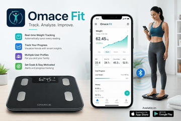 Omace Fit app connected to a smart digital weighing scale for weight tracking