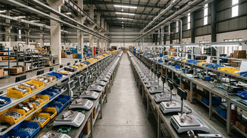 Weighing scale assembly floor with workbenches and component trays in an Indian manufacturing unit