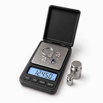Digital pocket scale weighing gemstones and a gold ring with calibration weights beside it.