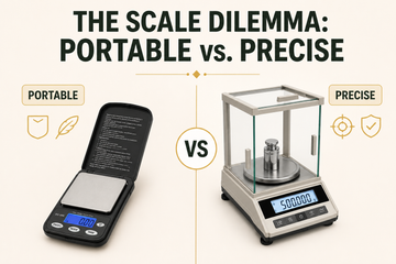 Portable pocket scale beside precise laboratory scale showing 500 grams