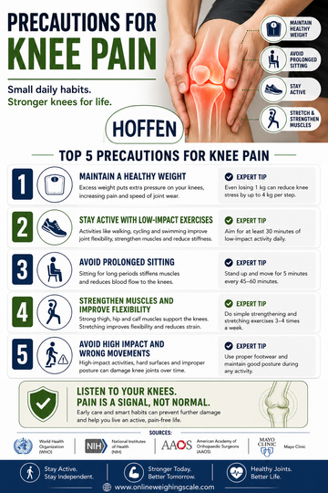 Precautions for knee pain infographic - Hoffen