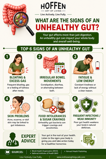 Signs of an unhealthy gut infographic - bloating, fatigue, skin problems - Hoffen