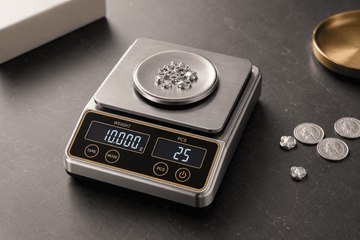 Precision digital silver weighing machine with dual LED display used for jewelry and bullion.