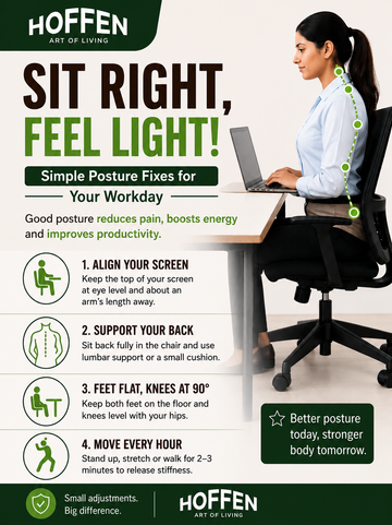 Sit right feel light posture fixes infographic for workday - Hoffen