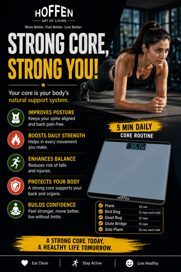 Strong core strong you fitness infographic with Hoffen bathroom scale