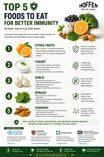 Citrus, yogurt, garlic, spinach and turmeric infographic for immune health - Hoffen