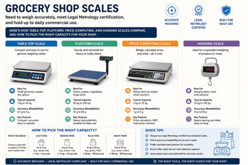 Table-top, platform, price-computing, and hanging weighing machines for grocery shop use