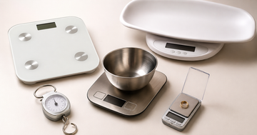 Digital bathroom, kitchen, jewelry, and baby weighing scales arranged together on a neutral background.