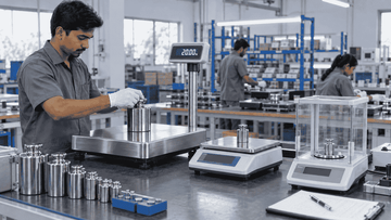 Technician calibrating platform and table-top scales at a weighing scale manufacturers facility