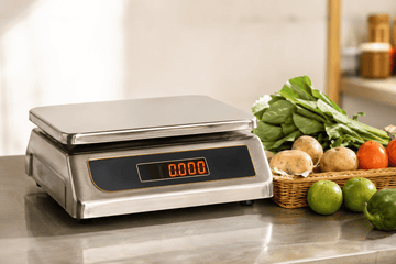 Stainless steel digital tabletop weight kanta scale with LED display on a shop counter.