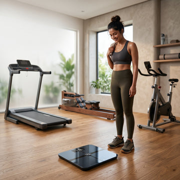 Weight Reduce Machine home fitness setup with treadmill, rowing machine, exercise bike and smart body composition scale