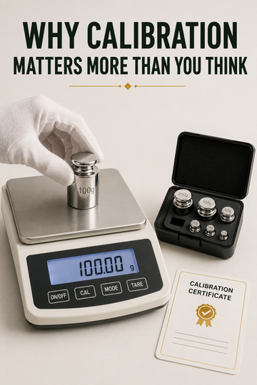 Calibration weight set and certificate beside a digital scale showing 100g