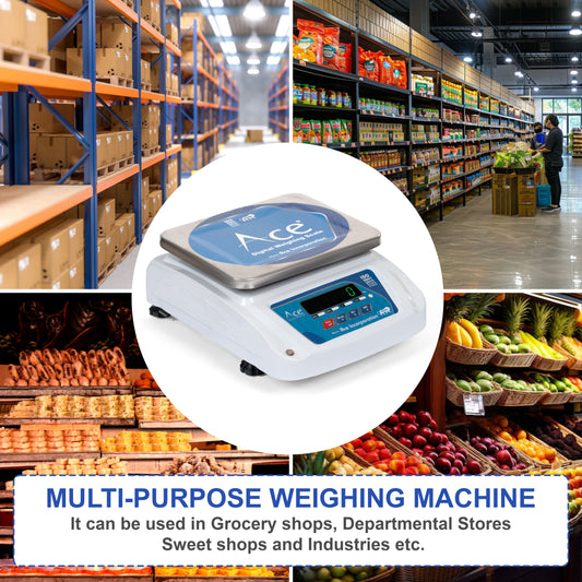 ఏస్: 30కిలోలు x 1గ్రామ్ కమర్షియల్ తూకం యంత్రం, ముందు మరియు వెనుక డబుల్ డిస్‌ప్లే, 240x300మి.మీ. చతురస్రాకారపు స్టెయిన్‌లెస్ స్టీల్ పాన్, క్రమాంకన ధృవీకరణ పత్రంతో – దుకాణాలలో 5-10-20కిలోల తూకం కోసం అనువైనది