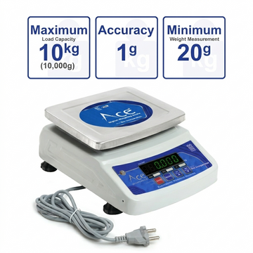 ACE ECO 10kg Table Top Digital Weighing Scale – Double Green LED Display, 1 g Accuracy, Stainless Steel Platform