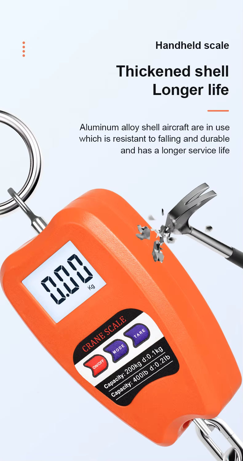 Hammer breaking down due to durability of Orange handheld scale with digital display on a white background.