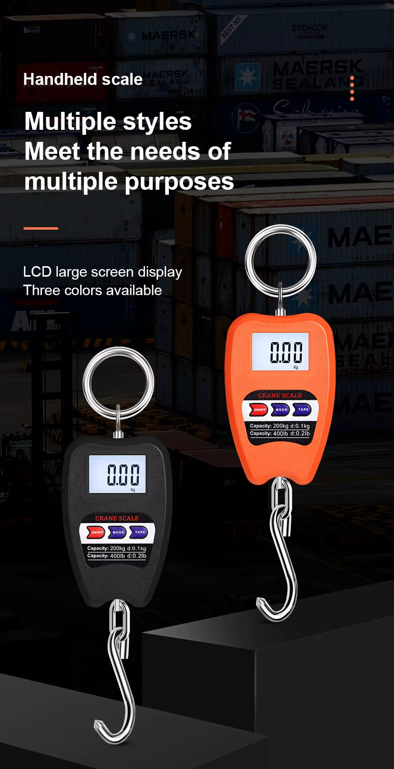 Digital hanging scale that is available in 2 colors- Black and orange