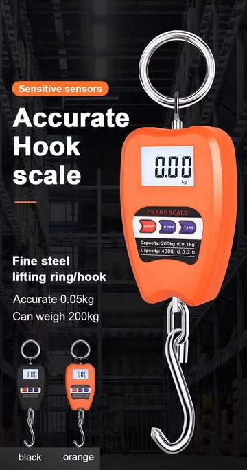 200kg orange digital crane scale with chrome S-hook and green LED display