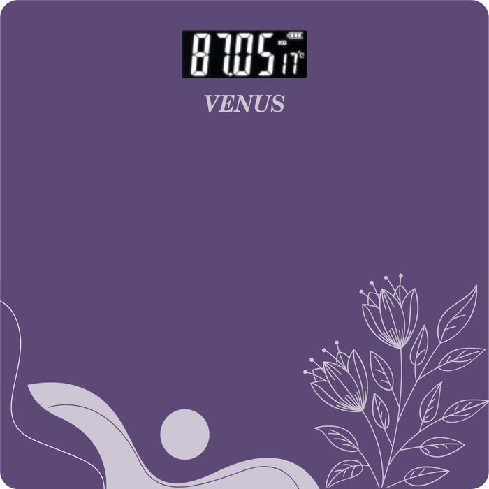 Venus 189A Lavender Floral Digital Bathroom Scale – Large 260×260mm Tempered Glass Platform, 180kg, Backlit LCD, 2 Year Warranty