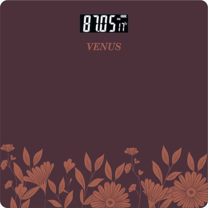 Venus 189B Wine Floral Digital Bathroom Scale – Eco-Friendly Tempered Glass, 180kg, Backlit LCD, 2 Year Warranty