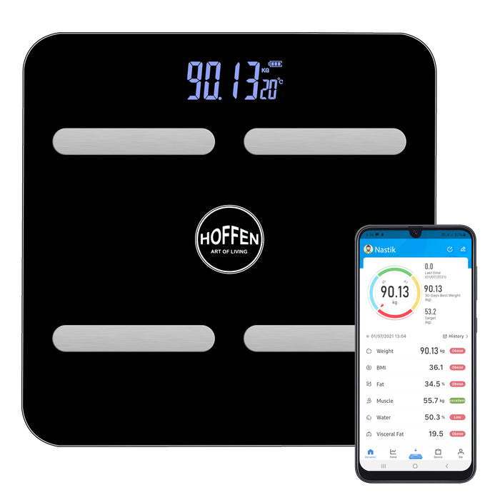 Hoffen Smart Weight Machine for Body Weight & Fat Measurement with App – Digital Body Composition Scale, 15+ Body Metrics, High Accuracy, Large LCD Display, 180kg Capacity in Black Color