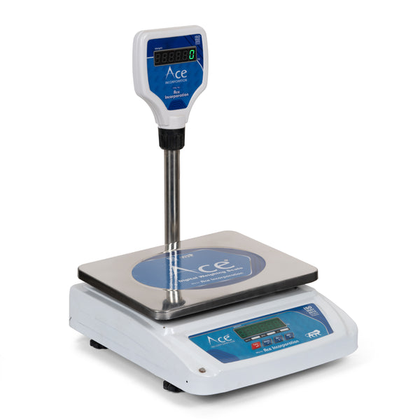 Ace: 30kg x 1g Commercial Weighing Scale with Front & Pole Double Display, 240x300mm L-Shaped Stainless Steel Pan, With Calibration Certificate – Ideal for 5-10-20kg Weighing in Shops