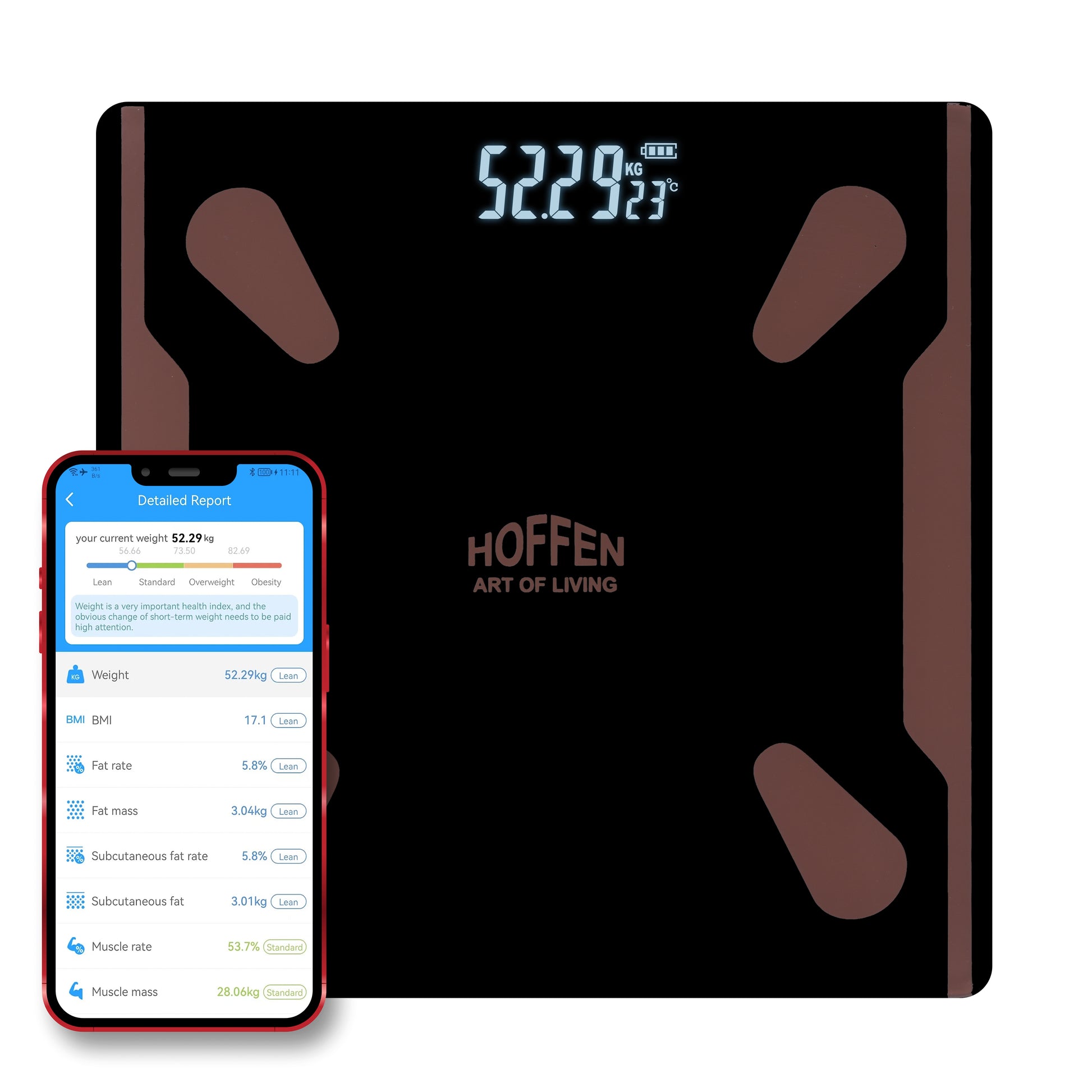 Smart BMI Scale showing 25 plus body composition metrics on a tempered glass platform.