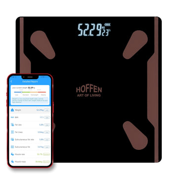 Smart BMI Scale showing 25 plus body composition metrics on a tempered glass platform.