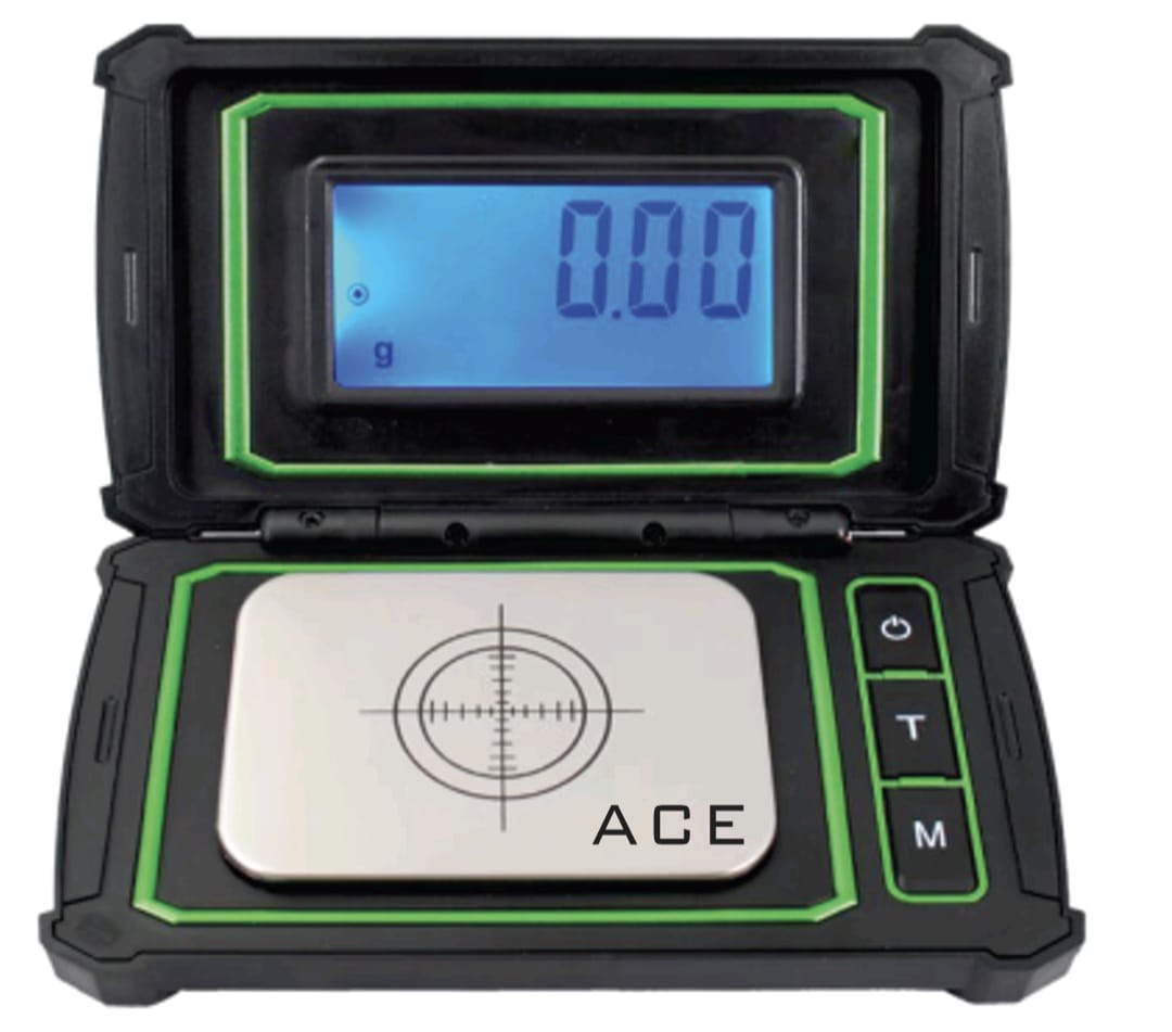 A rugged black handheld digital scale with bright green trim, an open lid showing a blue backlit LCD display, and a metal weighing platform with the brand name ACE printed on it.