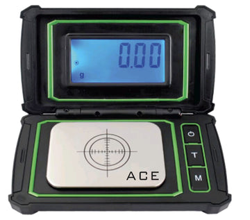 A rugged black handheld digital scale with bright green trim, an open lid showing a blue backlit LCD display, and a metal weighing platform with the brand name ACE printed on it.