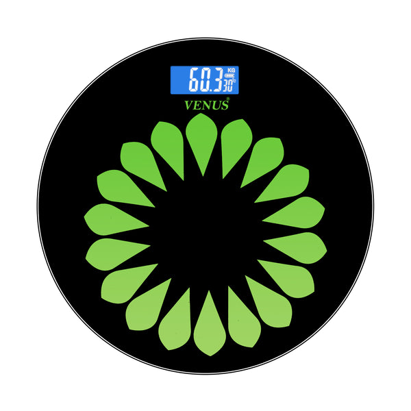 Venus Round Digital Weight Machine for Body Weight in Black Color with Green Floral Pattern with backlight for easy readability- Eps- 7299