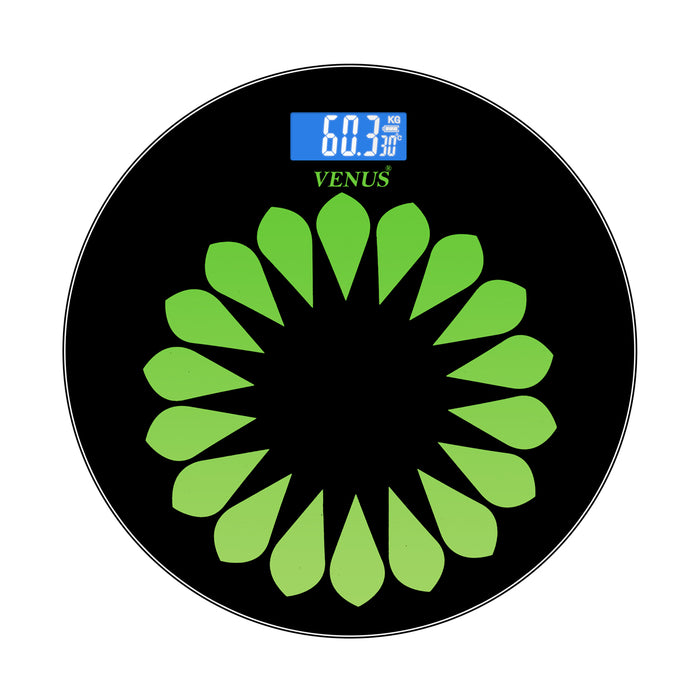 Venus Round Digital Weight Machine for Body Weight in Black Color with Green Floral Pattern with backlight for easy readability- Eps- 7299